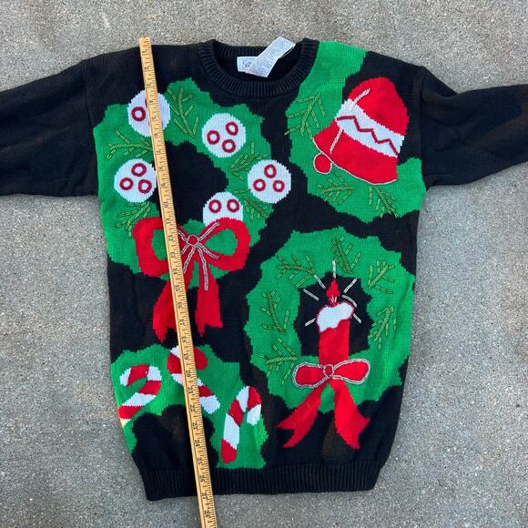 Vintage 90s Christmas Wreaths Bows Bells Bead Ugly Sweater Tunic SMALL - Picture 9 of 9